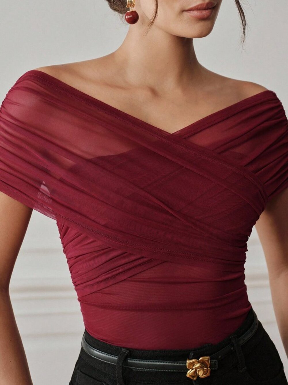 Burgundy Casual Women's Off-Shoulder Mesh Bodycon Bodysuit - Picture 3 of 10